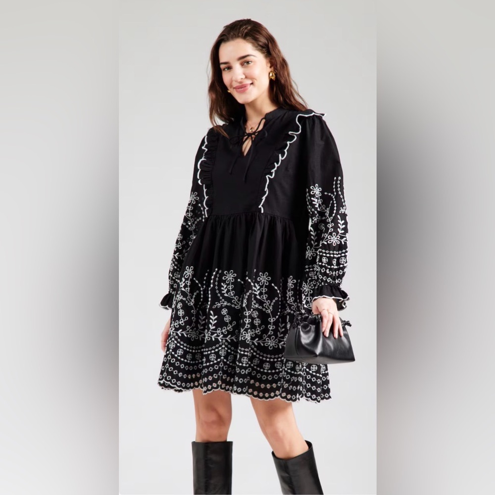 YAS Embroidered Cotton Mini Dress Black White Size US 6 NWT - Picture 2 of 16